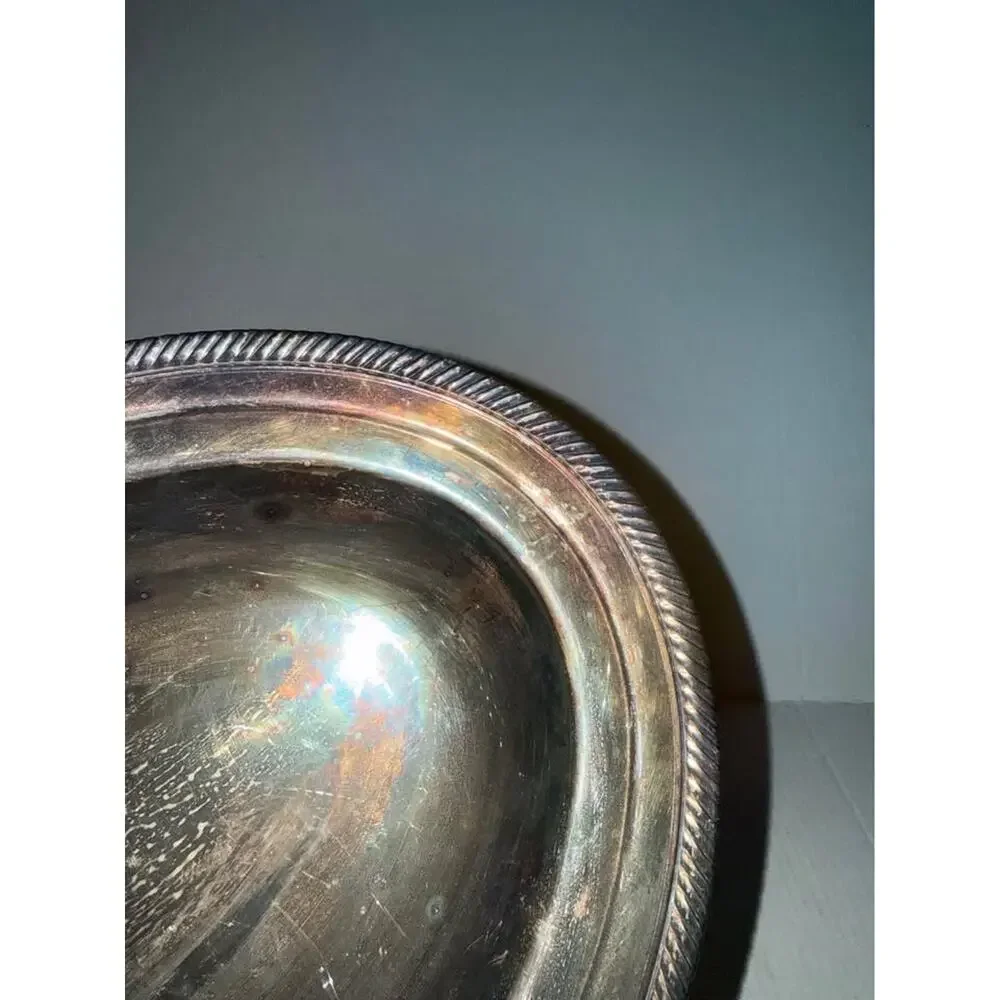 Vintage Silver-Plated Oval Serving Bowl with Rope Rim